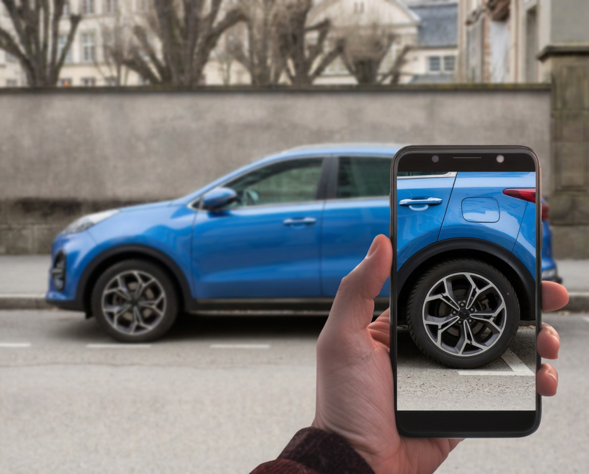 Hand holding a smartphone whose screen aligns perfectly with the blue vehicle behind it.