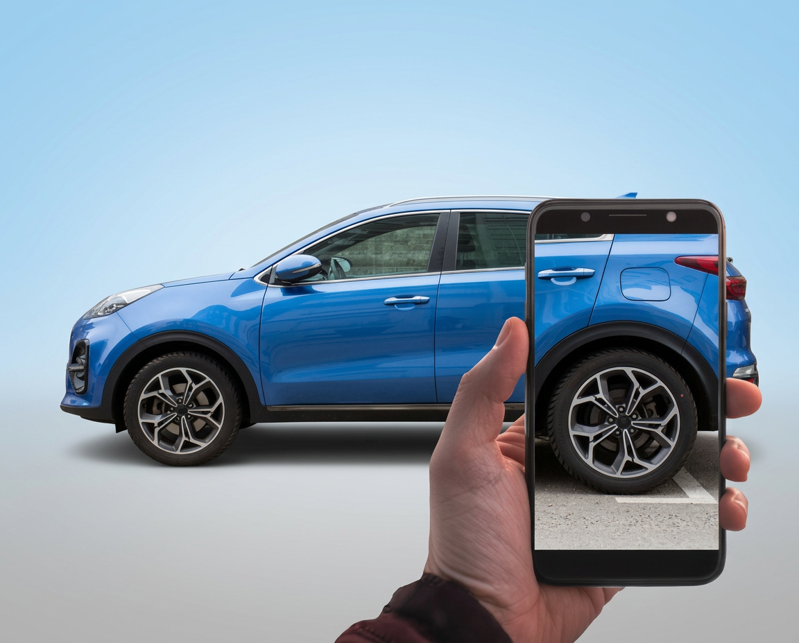 Hand holding a smartphone whose screen aligns perfectly with the blue vehicle behind it.