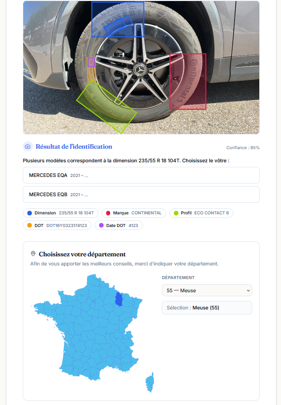 TYREMOTION identifies the tyre from a single photo and lets the customer pick their region.